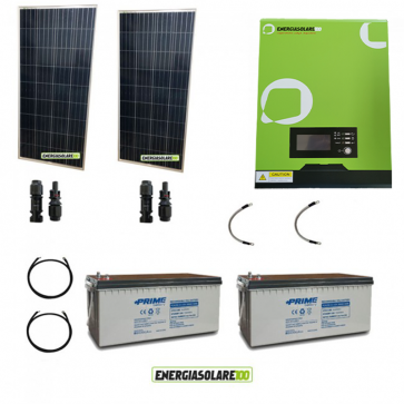 Kit impianto solare fotovoltaico 300W con inverter ibrido ad onda pura 1Kw 12V batterie 150Ah AGM (Set Kit)