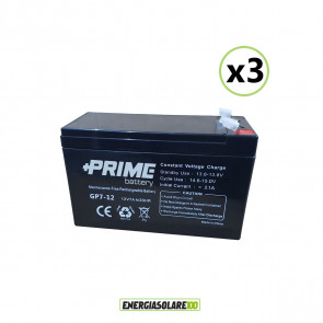Set 3 Batterie ermetiche AGM Prime 7Ah 12V per gruppi di continuità UPS per sistemi di allarme