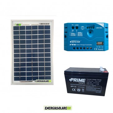 Kit Solare Fotovoltaico Campeggio Scout 10W 12V 7Ah alimentare Cellulare Luce e Stereo