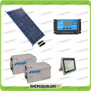 Kit fotovoltaico per illuminazione esterni pannello solare 80W con faro LED 30W autonomia 8-10 ore e 2 batterie da 38Ah 12V