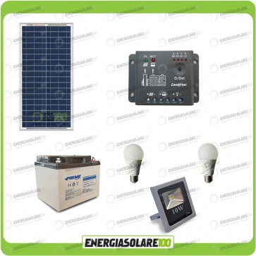 Kit fotovoltaico per l'illuminazione esterna e interna con faro da LED 10W e due lampadine LED 7W pannello fotovoltaico 30W autonomia 5 ore