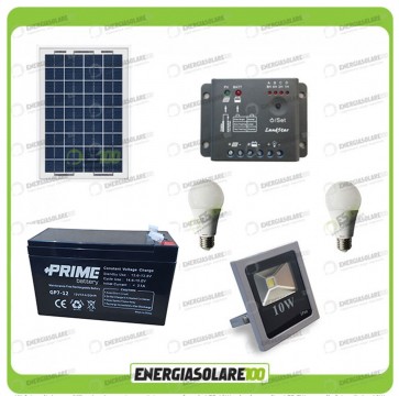 Kit fotovoltaico per l'illuminazione esterna e interna con faro da LED 10W e due lampadine LED 7W pannello fotovoltaico 10W autonomia 1 ora