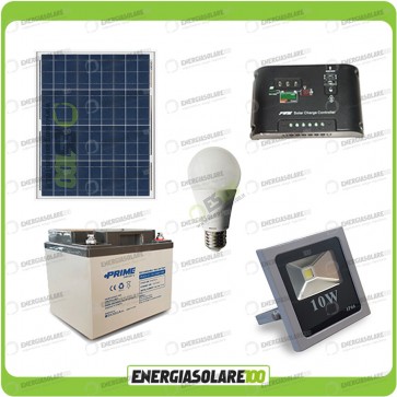 Kit fotovoltaico per l'illuminazione esterna e interna con faro da LED 10W e lampadina LED 7W pannello fotovoltaico 50W autonomia 8 ore