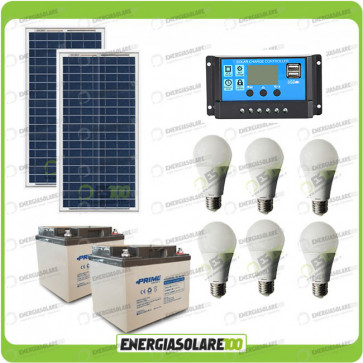 Kit illuminazione solare 60W 24V per 5 ore per stalle o baite con 6 lampade LED