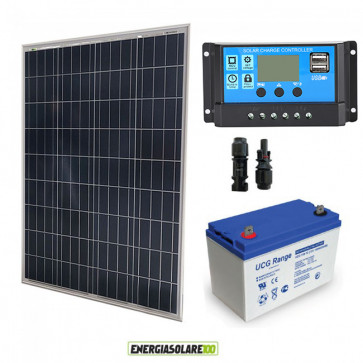 Kit fotovoltaico con pannello da 100W 12V policristallino Batteria AGM 100Ah Regolatore PWM 10A Serie NV