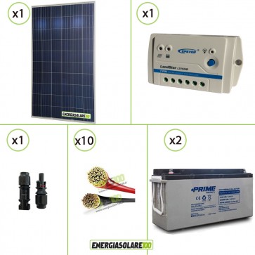 Kit PRO pannello solare 250W 24V policristallino regolatore di carica 10A LS 2 batterie 150Ah AGM cavi