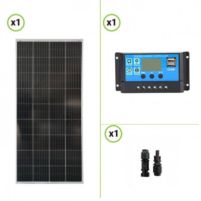 Kit starter pannello solare monocristallino 200W 12V e regolatore di carica  NV 20A con crepuscolare display e uscite USB