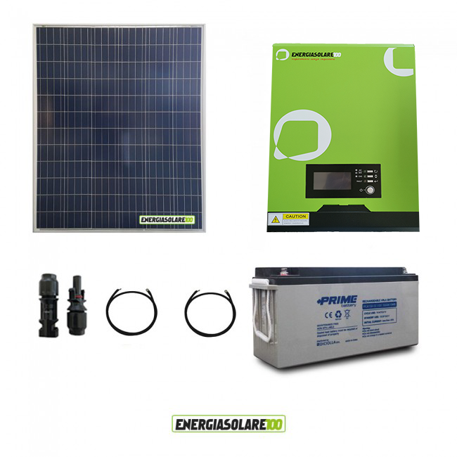 Kit impianto solare fotovoltaico 200W con inverter ibrido ad onda pura 1Kw  12V MPPT batteria 150Ah AGM