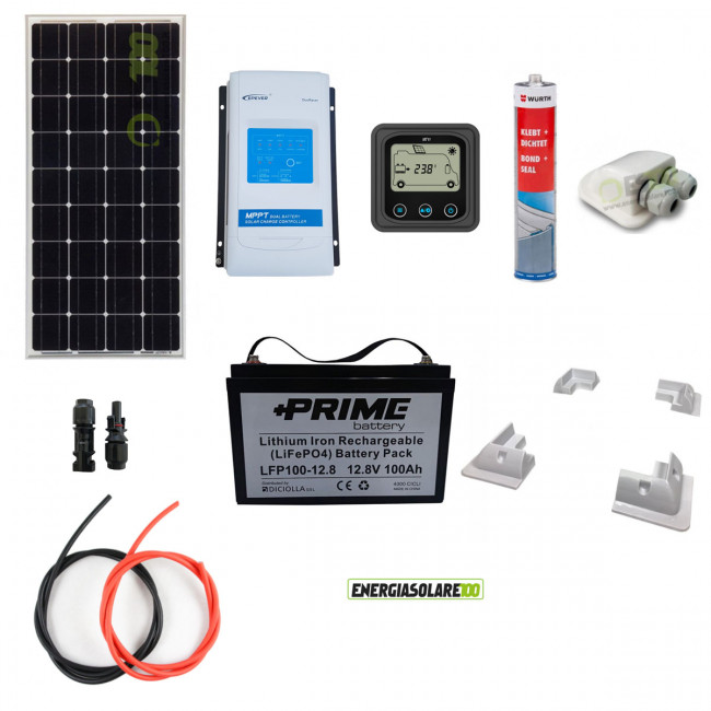 Kit Camper pannello solare monocristallino 100W 12V batteria litio