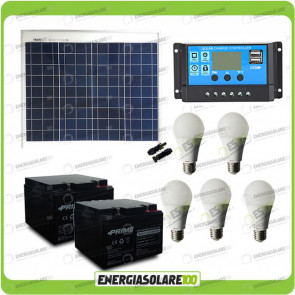 Kit illuminazione solare 50W 12V per 5 ore per stalle o baite con 5 lampade LED