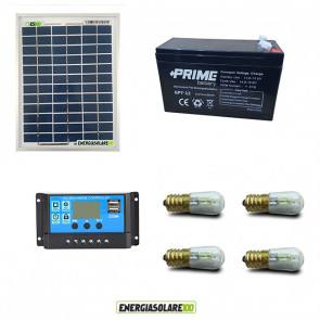 Kit Solare fotovotlaico illuminazione Votivo 10W 12V 4 lampade LED 0.3W con crepuscolare funzione Tramonto/Alba