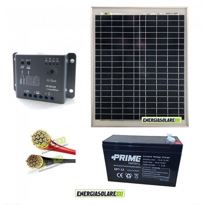 Kit Starter panel solar 20W 12V Batería 7Ah cables regulador de