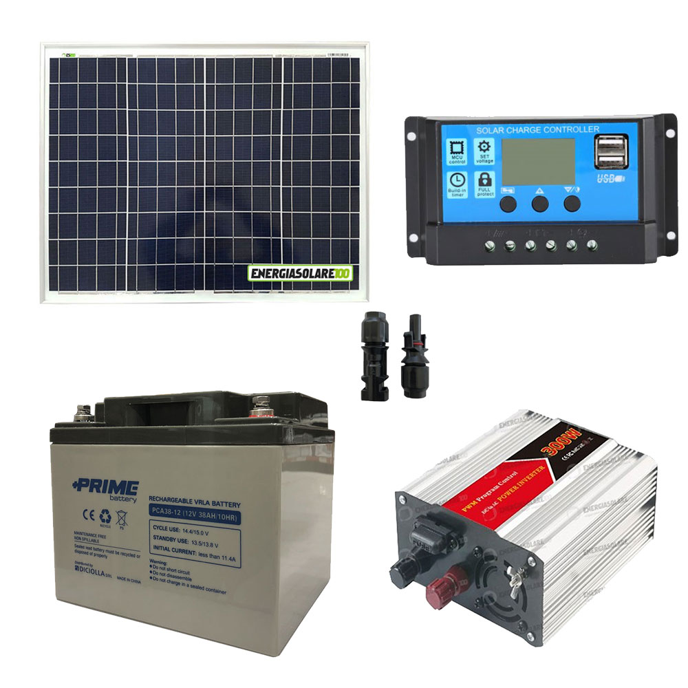 Kit panneau solaire 50W 12V avec régulateur 5A et batterie à 230,00€