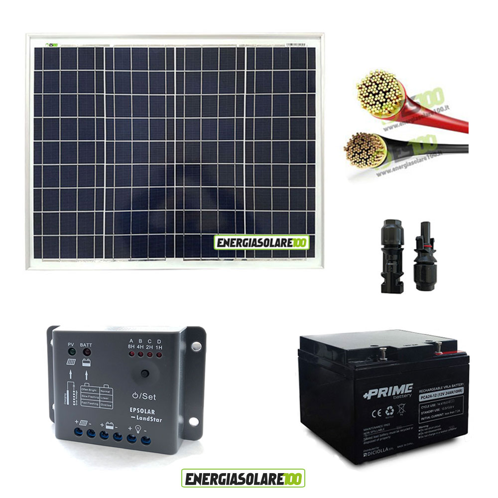 Kit fotovoltaico placa solar 50W 12V batería AGM 24Ah 4mmq cables PVC 